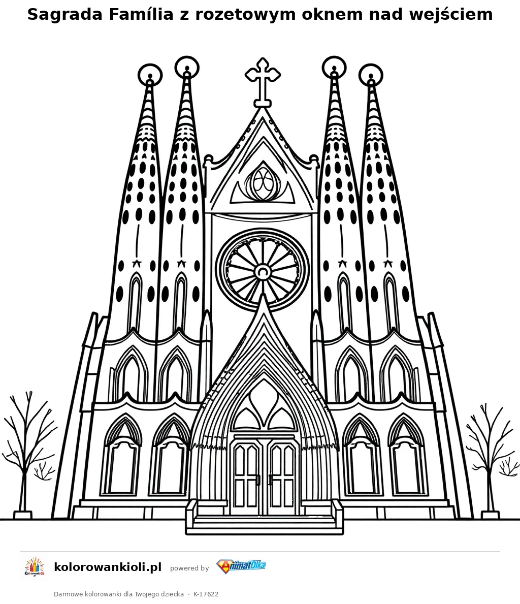 Sagrada Família z rozetowym oknem nad wejściem — kolorowanka do wydruku dla dzieci