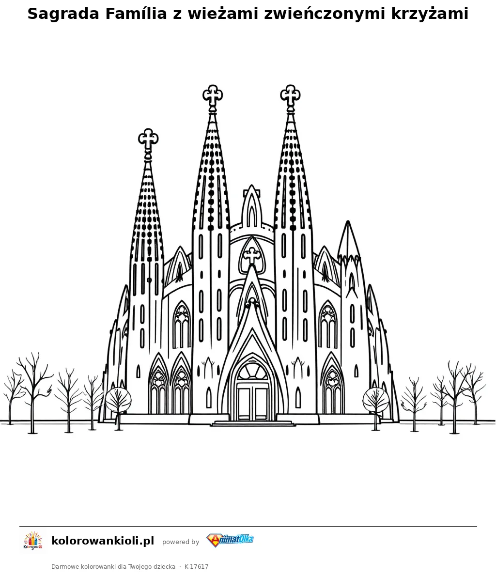 Sagrada Família z wieżami zwieńczonymi krzyżami — kolorowanka do wydruku dla dzieci