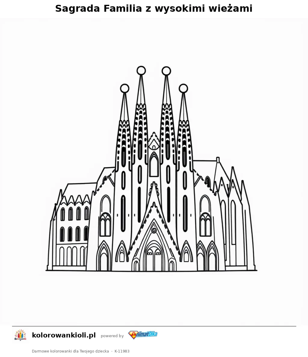 Sagrada Familia z wysokimi wieżami — kolorowanka do wydruku dla dzieci