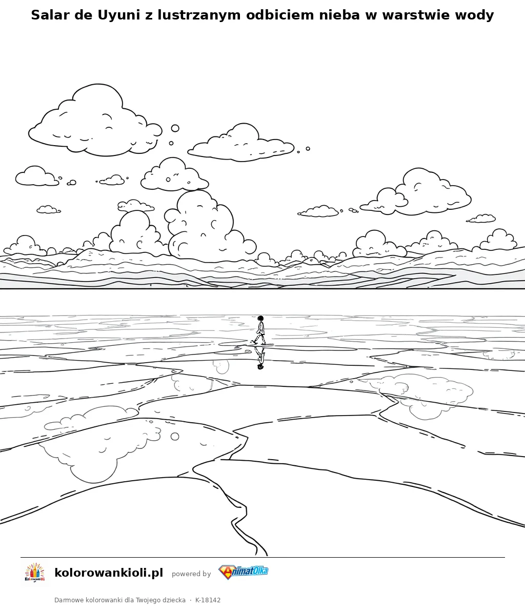 Salar de Uyuni z lustrzanym odbiciem nieba w warstwie wody — kolorowanka do wydruku dla dzieci