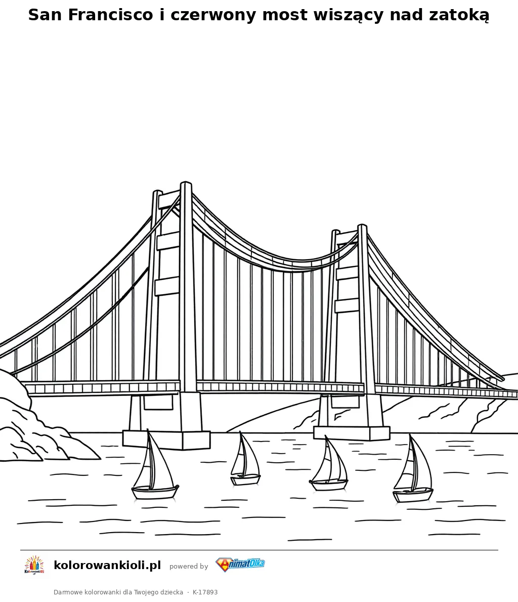 San Francisco i czerwony most wiszący nad zatoką — kolorowanka do wydruku dla dzieci