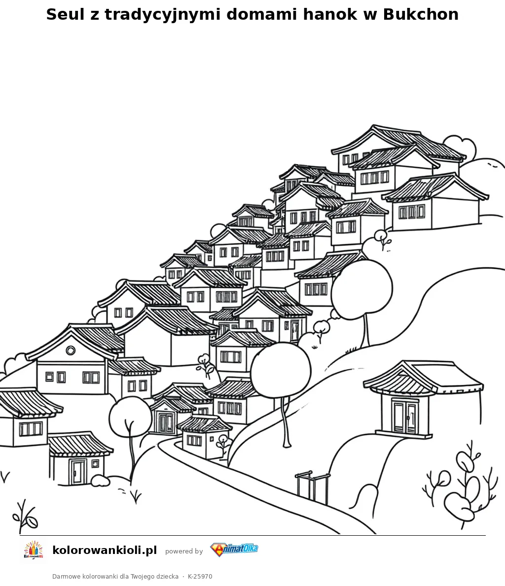 Seul z tradycyjnymi domami hanok w Bukchon — kolorowanka do wydruku dla dzieci