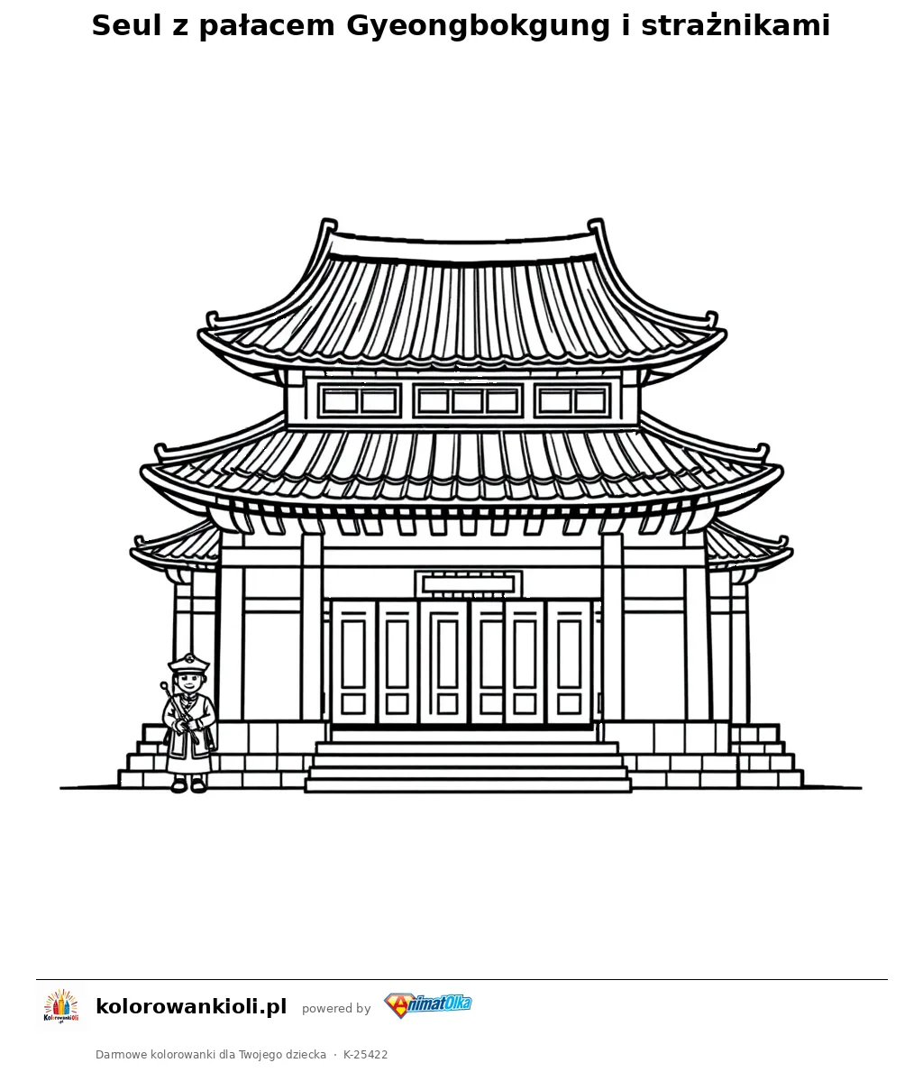 Seul z pałacem Gyeongbokgung i strażnikami — kolorowanka do wydruku dla dzieci