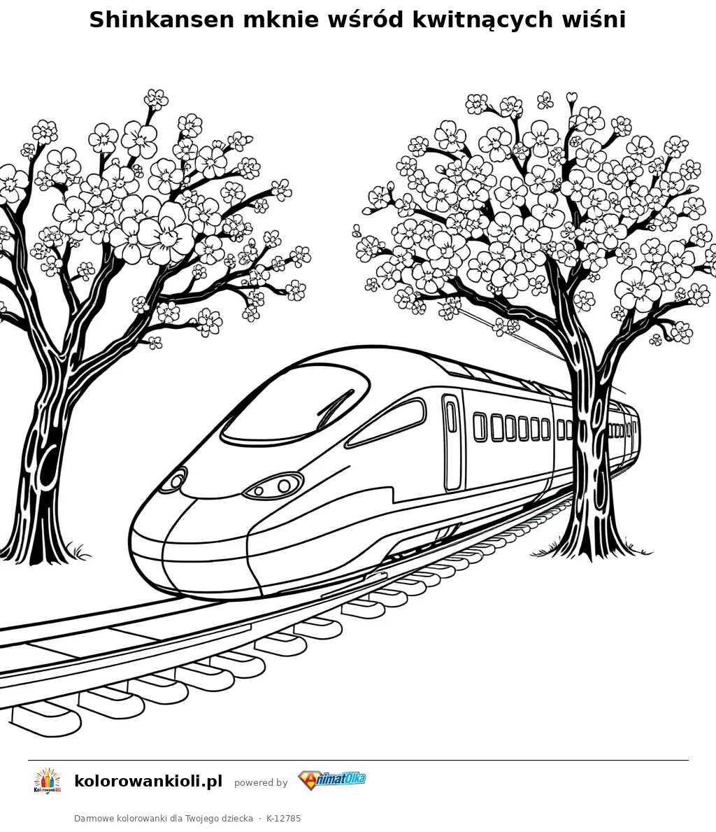 Shinkansen mknie wśród kwitnących wiśni — kolorowanka do wydruku dla dzieci