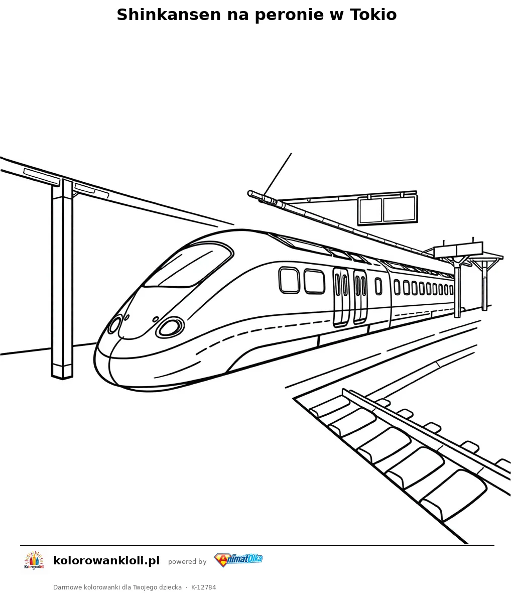 Shinkansen na peronie w Tokio — kolorowanka do wydruku dla dzieci