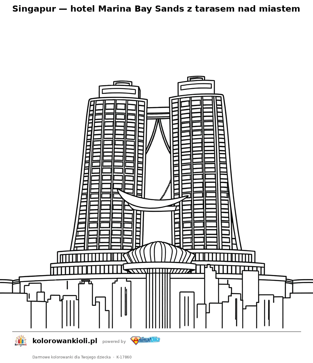 Singapur — hotel Marina Bay Sands z tarasem nad miastem — kolorowanka do wydruku dla dzieci