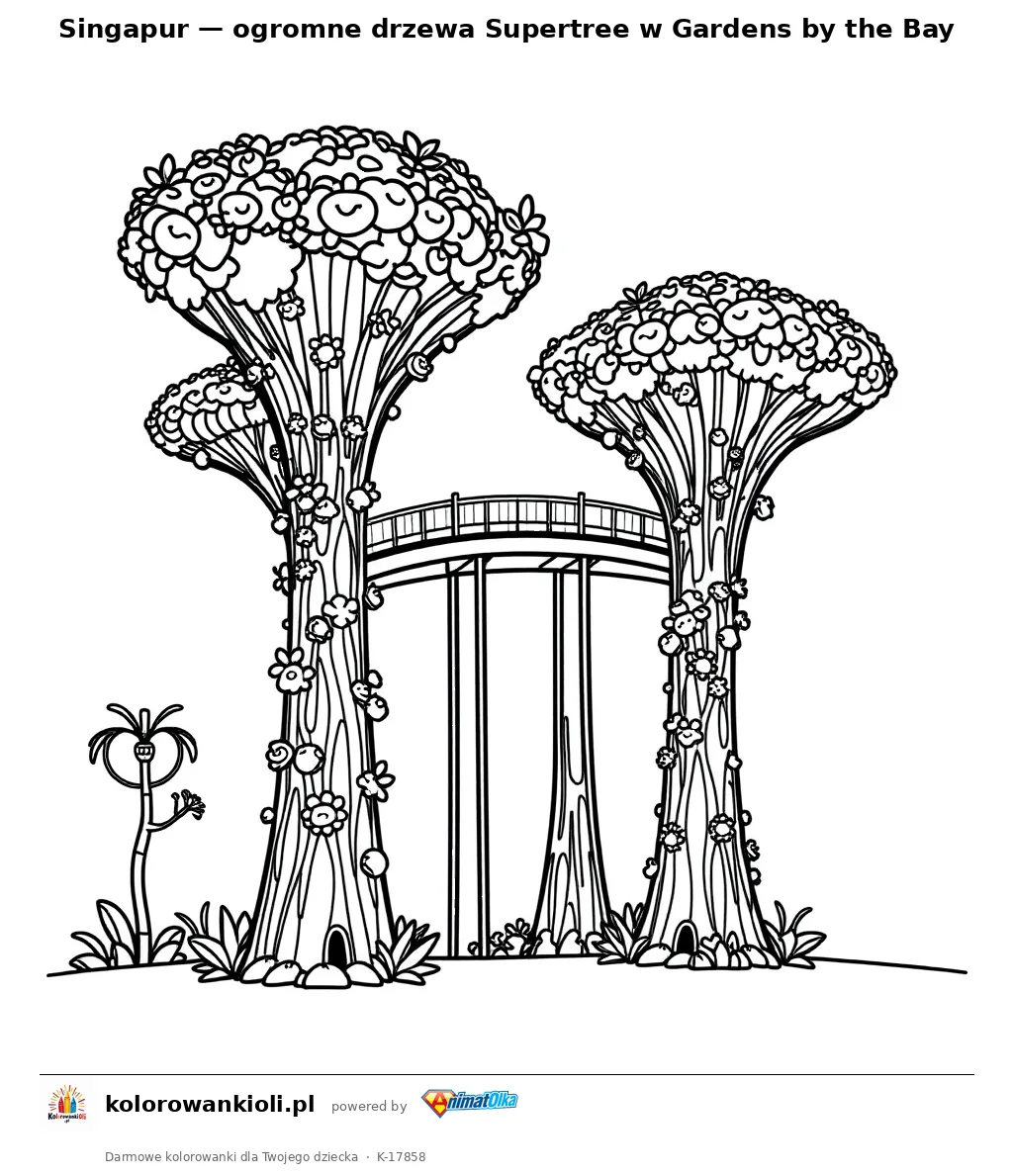 Singapur — ogromne drzewa Supertree w Gardens by the Bay — kolorowanka do wydruku dla dzieci
