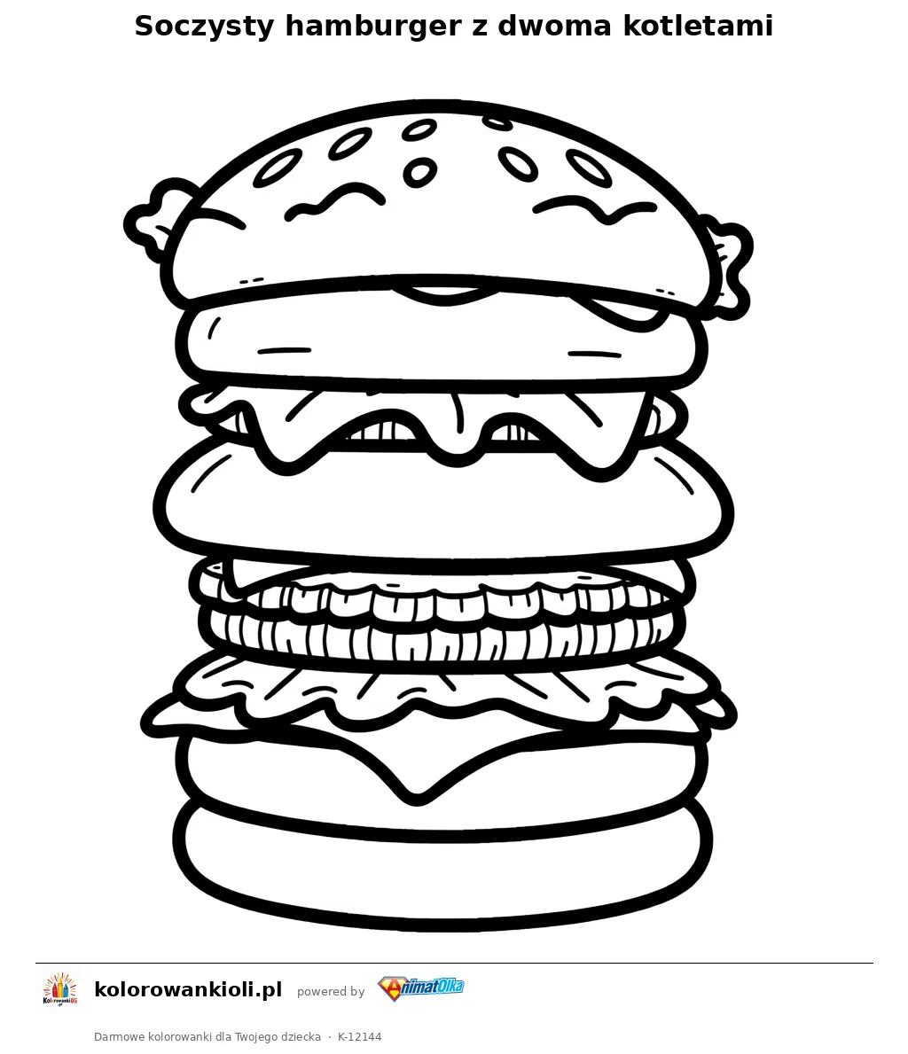 Soczysty hamburger z dwoma kotletami — kolorowanka do wydruku dla dzieci