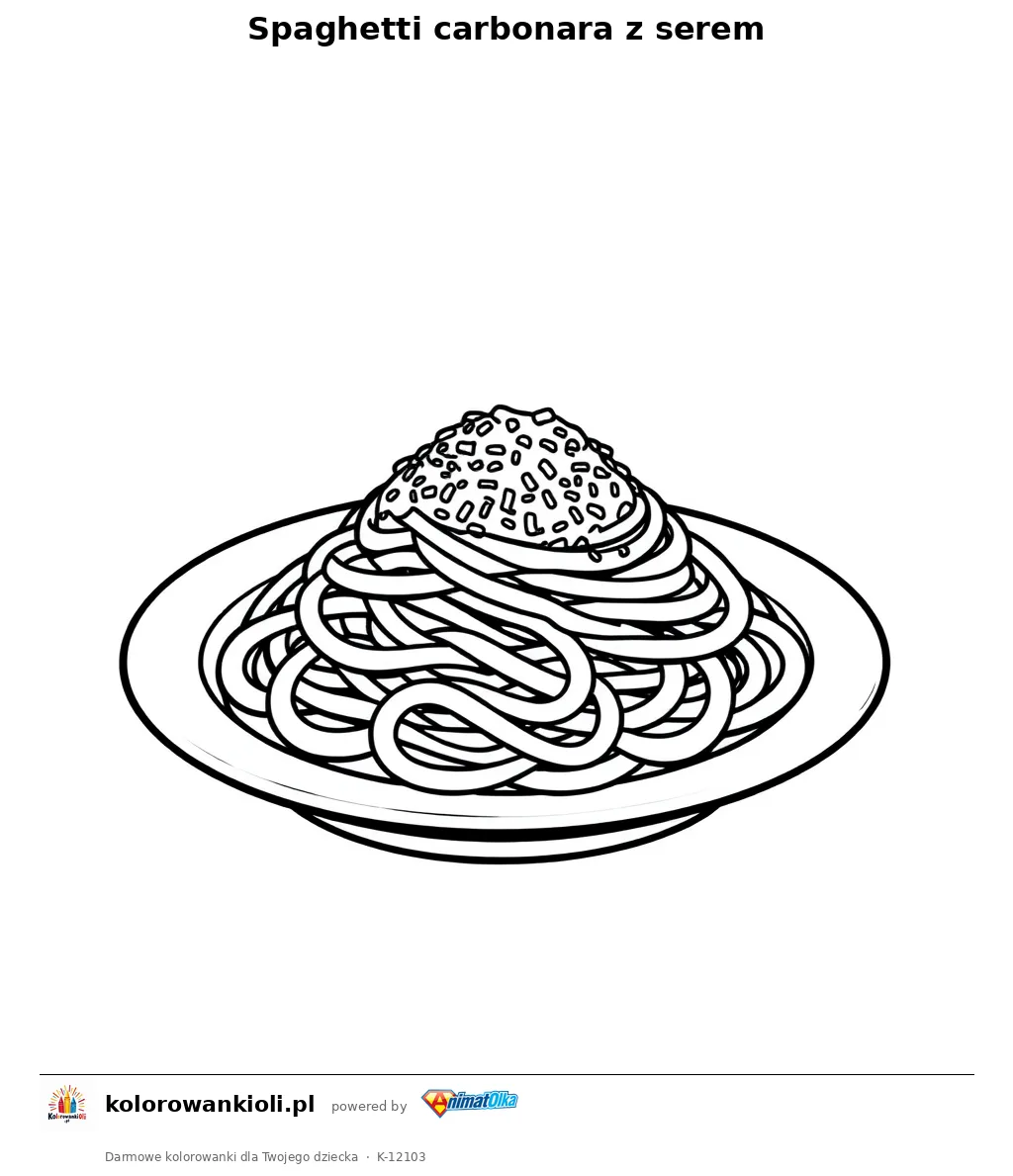 Spaghetti carbonara z serem — kolorowanka do wydruku dla dzieci