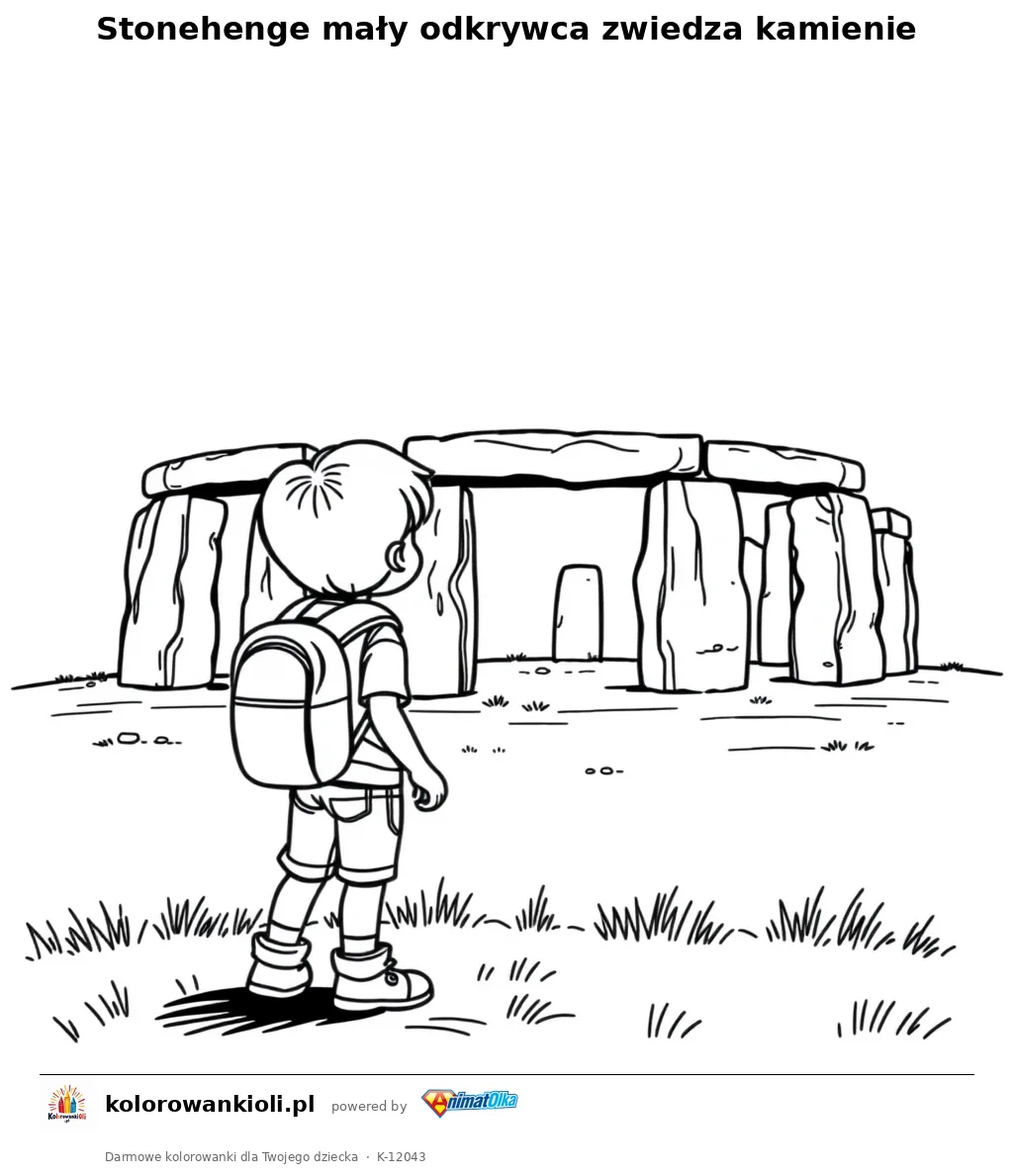 Stonehenge maly odkrywca zwiedza kamienie — kolorowanka do wydruku dla dzieci