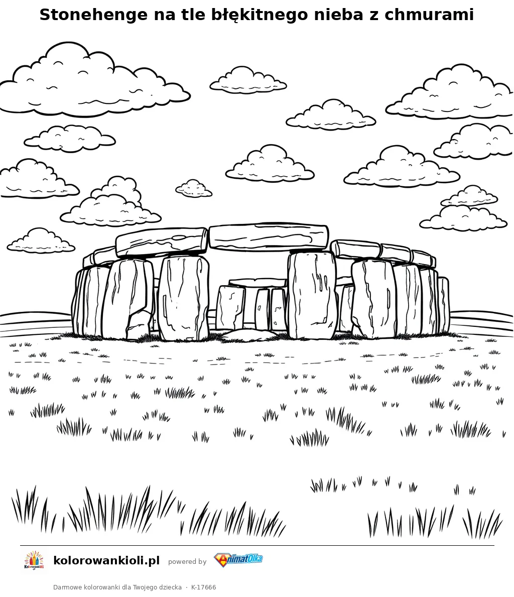 Stonehenge na tle błękitnego nieba z chmurami — kolorowanka do wydruku dla dzieci