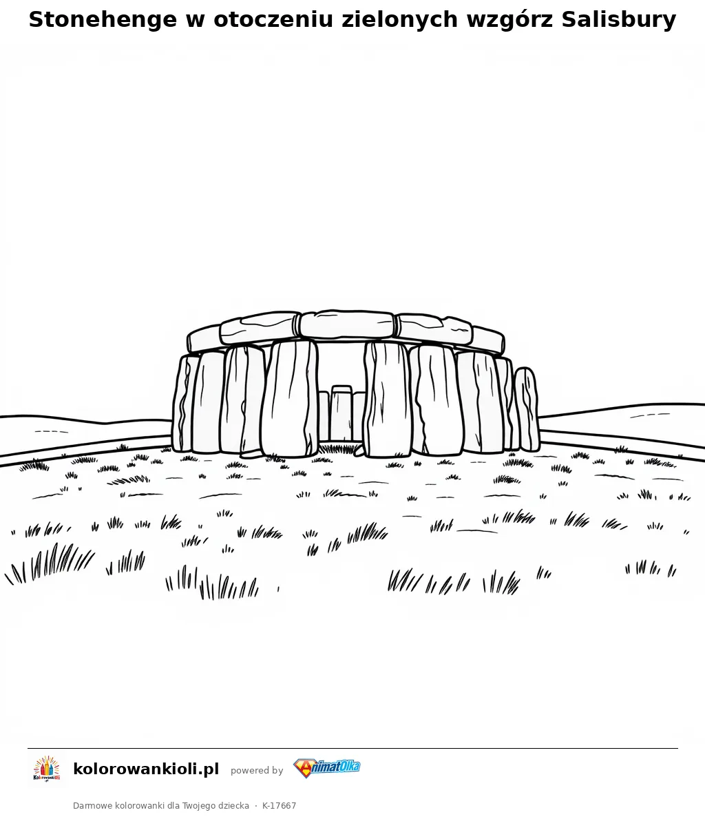 Stonehenge w otoczeniu zielonych wzgórz Salisbury — kolorowanka do wydruku dla dzieci