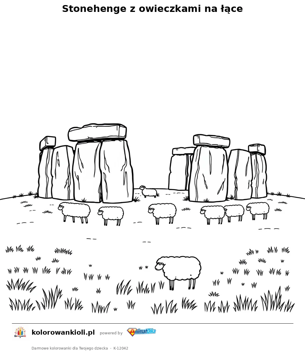Stonehenge z owieczkami na lace — kolorowanka do wydruku dla dzieci