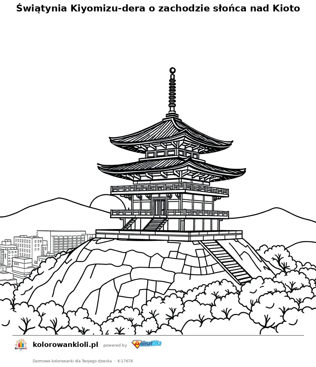 Świątynia Kiyomizu-dera o zachodzie słońca nad Kioto — kolorowanka do wydruku dla dzieci