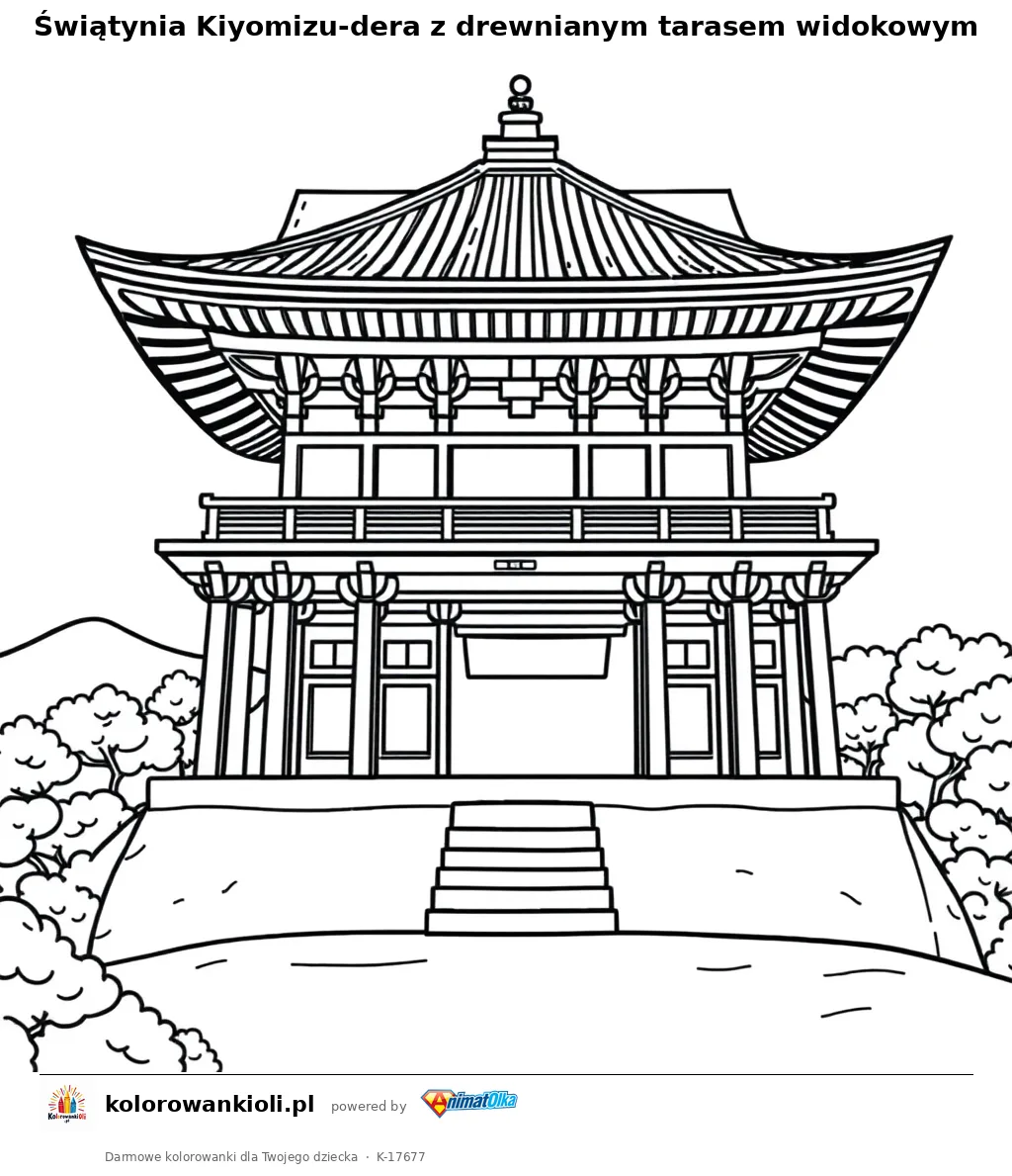 Świątynia Kiyomizu-dera z drewnianym tarasem widokowym — kolorowanka do wydruku dla dzieci