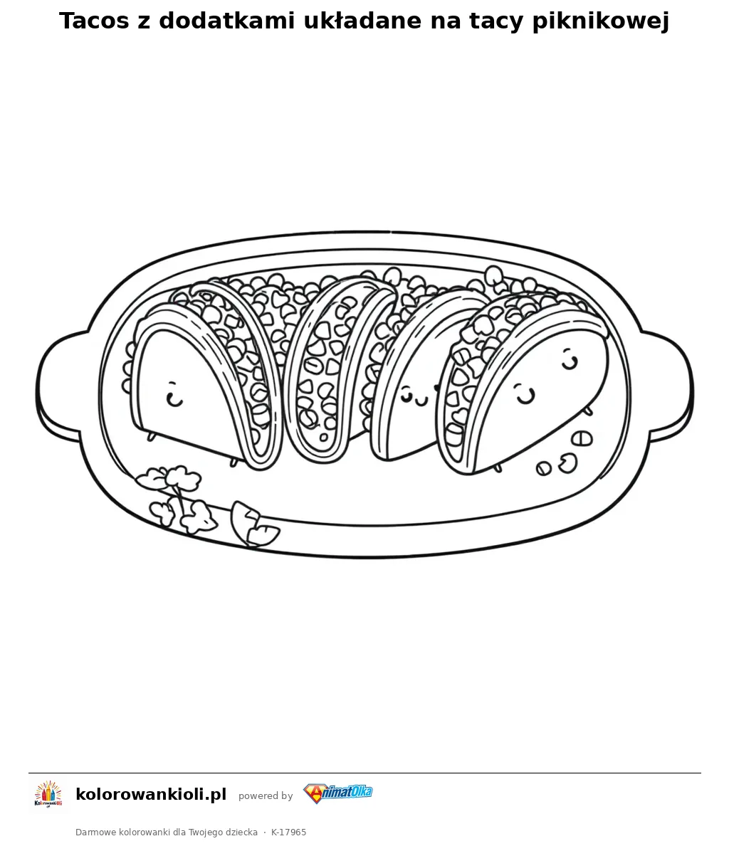 Tacos z dodatkami układane na tacy piknikowej — kolorowanka do wydruku dla dzieci