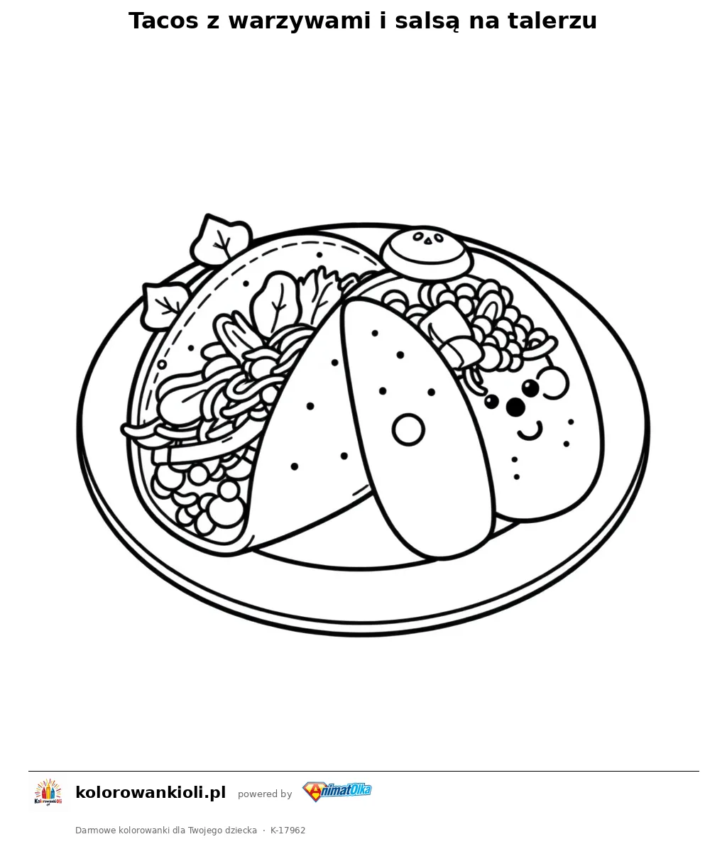Tacos z warzywami i salsą na talerzu — kolorowanka do wydruku dla dzieci