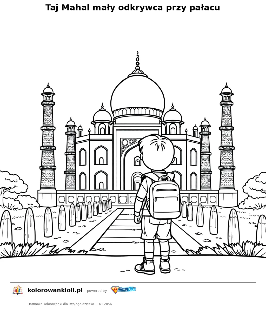 Taj Mahal maly odkrywca przy palacu — kolorowanka do wydruku dla dzieci