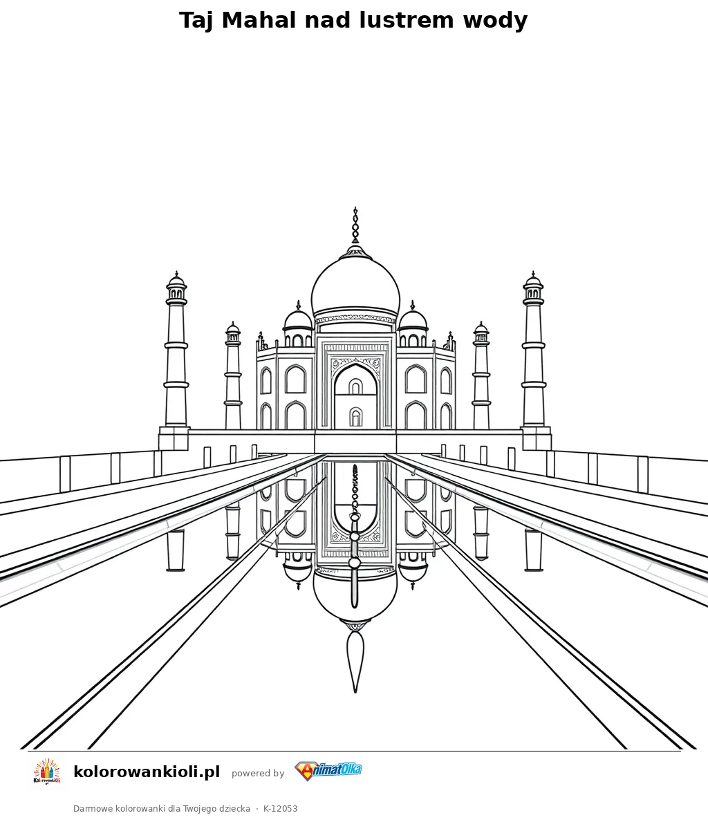 Taj Mahal nad lustrem wody — kolorowanka do wydruku dla dzieci