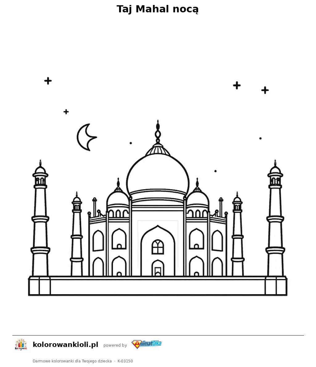 Taj Mahal nocą — kolorowanka do wydruku dla dzieci