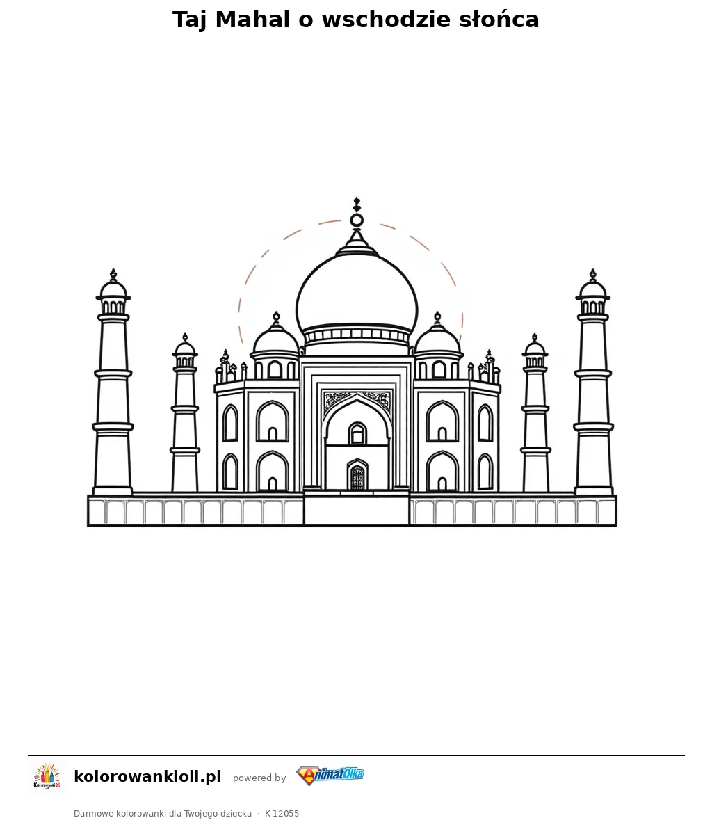 Taj Mahal o wschodzie slonca — kolorowanka do wydruku dla dzieci