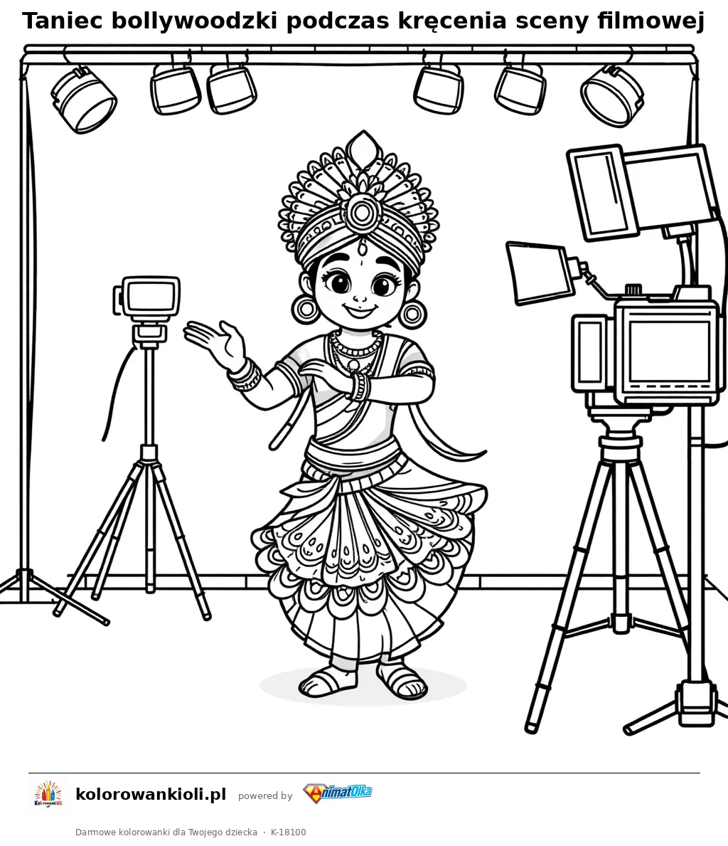 Taniec bollywoodzki podczas kręcenia sceny filmowej — kolorowanka do wydruku dla dzieci