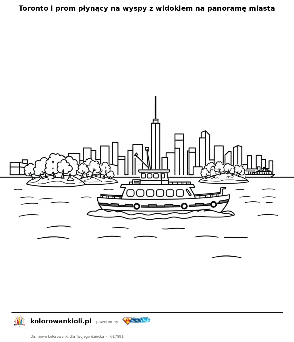 Toronto i prom płynący na wyspy z widokiem na panoramę miasta — kolorowanka do wydruku dla dzieci