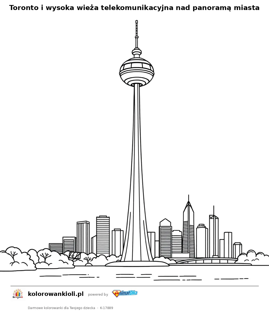 Toronto i wysoka wieża telekomunikacyjna nad panoramą miasta — kolorowanka do wydruku dla dzieci