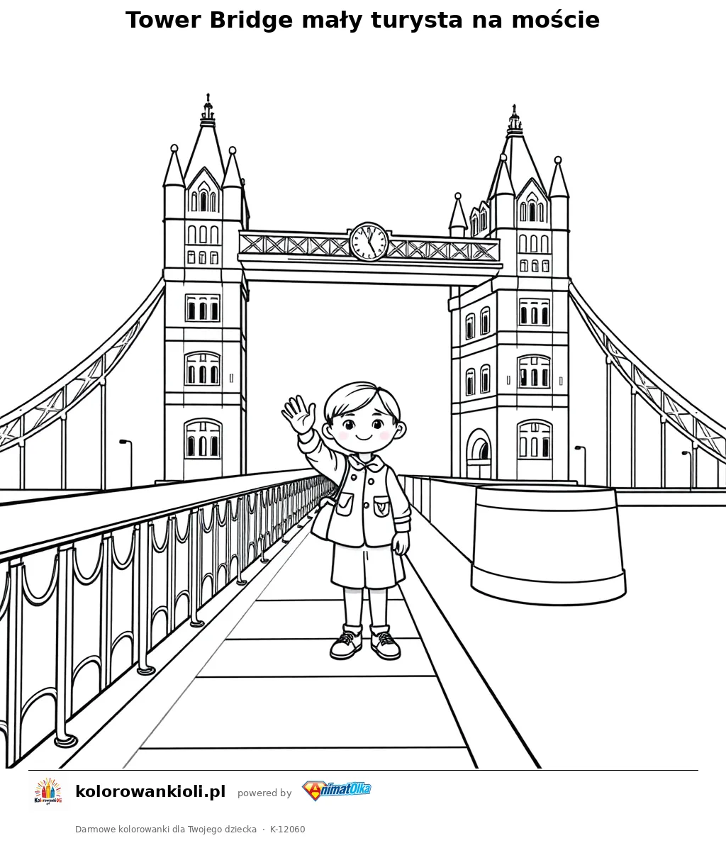 Tower Bridge maly turysta na moscie — kolorowanka do wydruku dla dzieci
