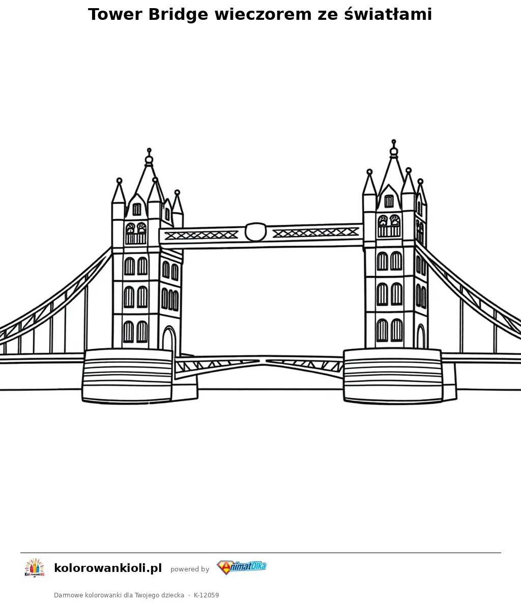 Tower Bridge wieczorem ze swiatlami — kolorowanka do wydruku dla dzieci