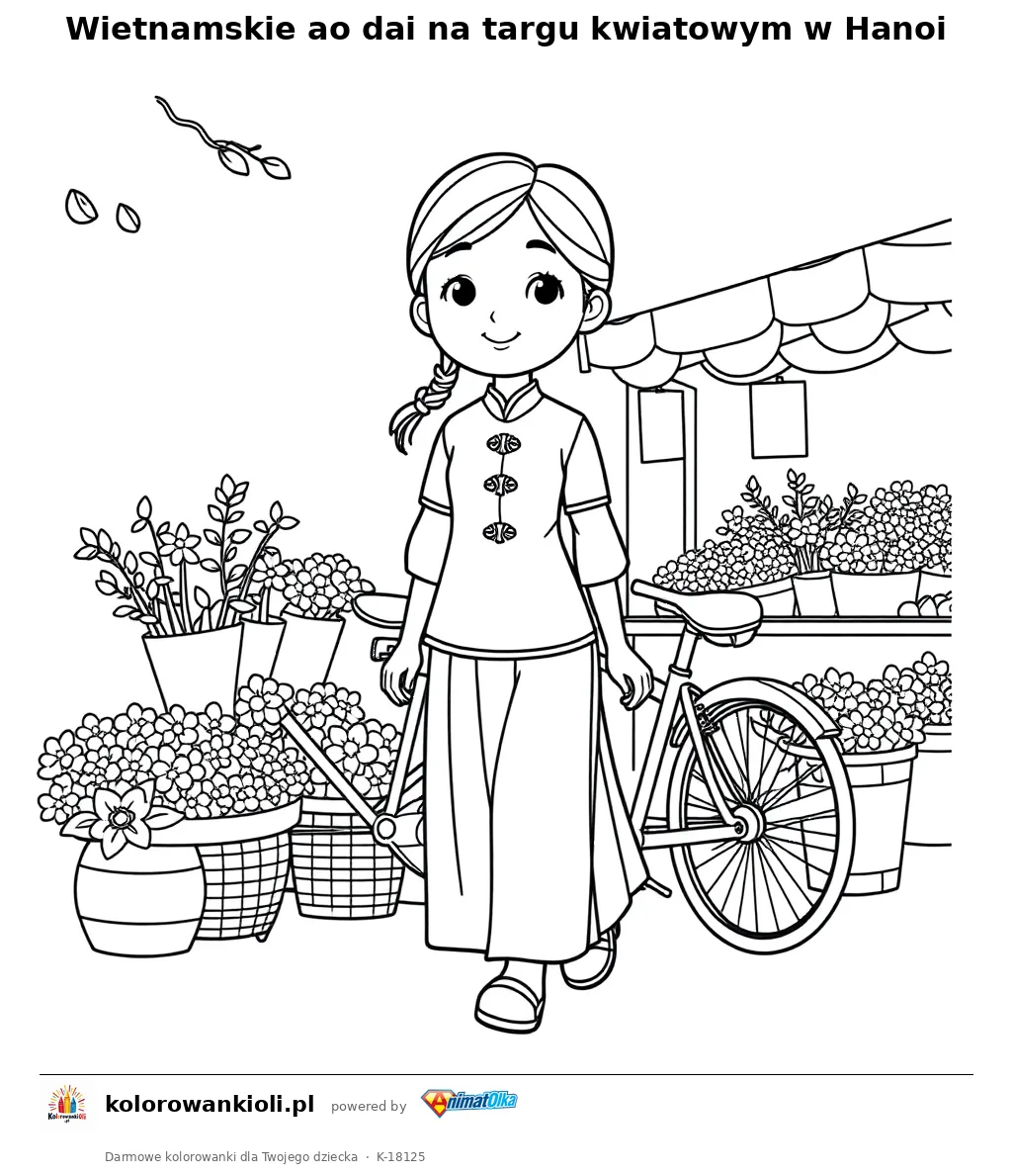 Wietnamskie ao dai na targu kwiatowym w Hanoi — kolorowanka do wydruku dla dzieci