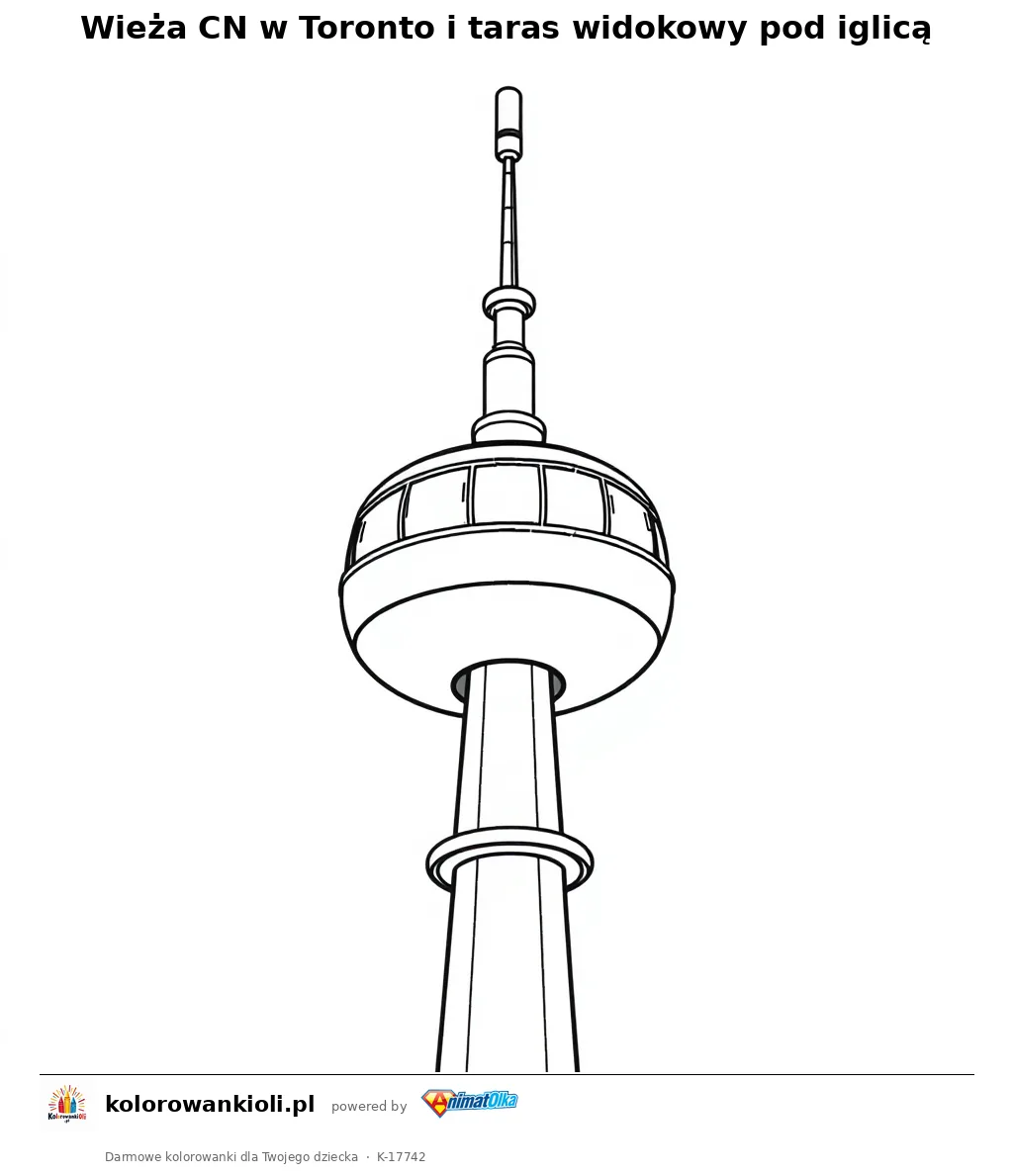 Wieża CN w Toronto i taras widokowy pod iglicą — kolorowanka do wydruku dla dzieci