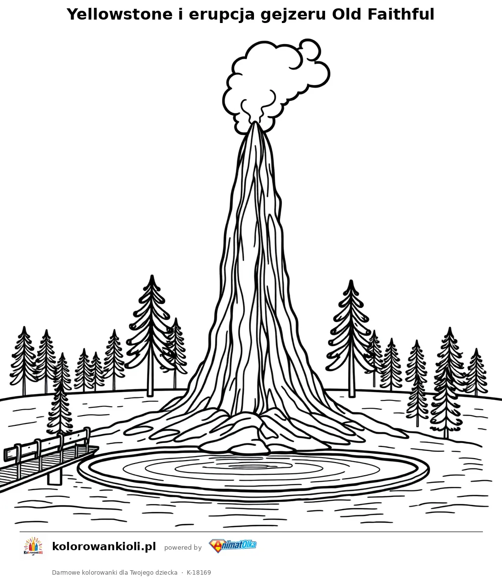 Yellowstone i erupcja gejzeru Old Faithful — kolorowanka do wydruku dla dzieci