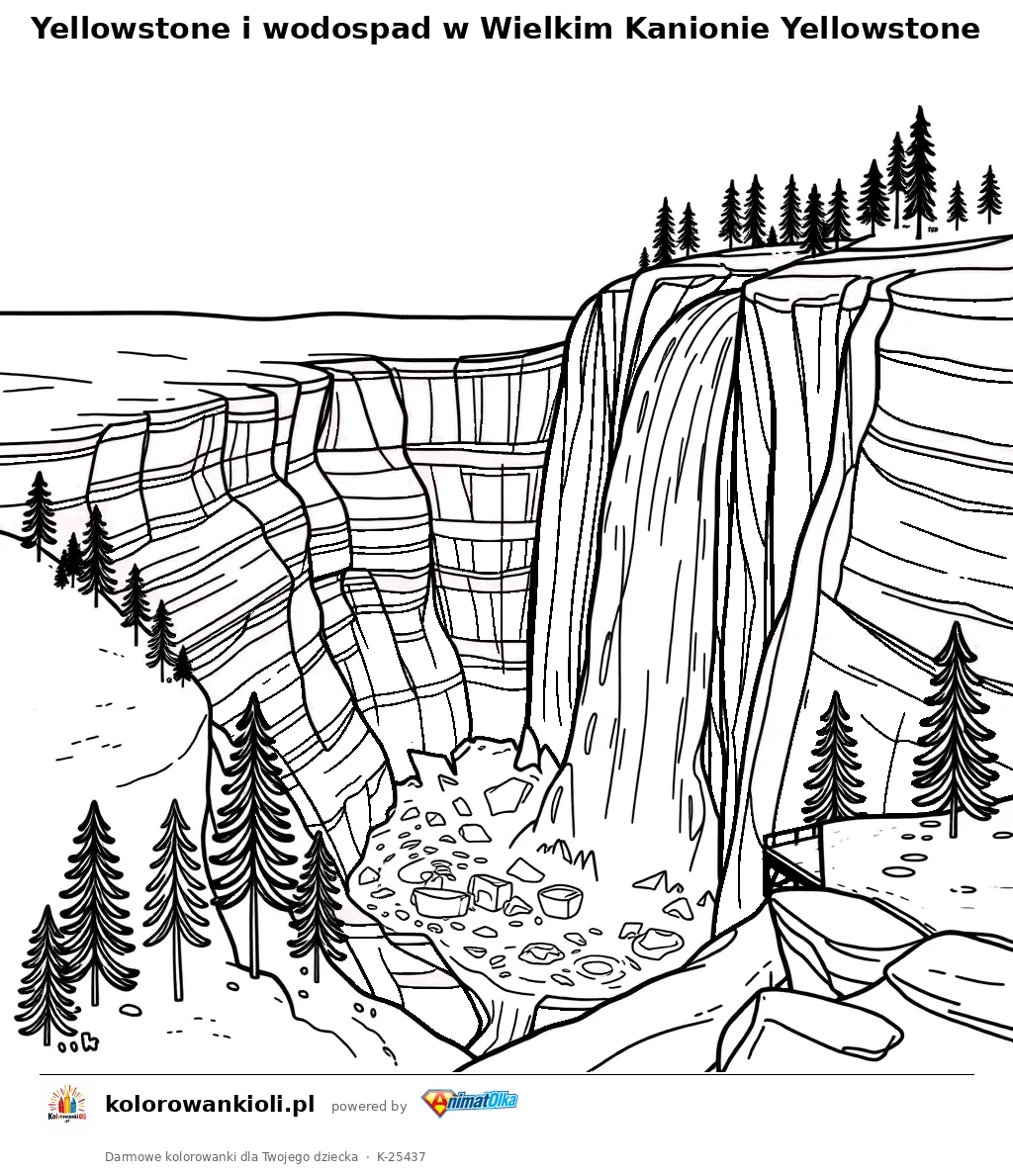 Yellowstone i wodospad w Wielkim Kanionie Yellowstone — kolorowanka do wydruku dla dzieci