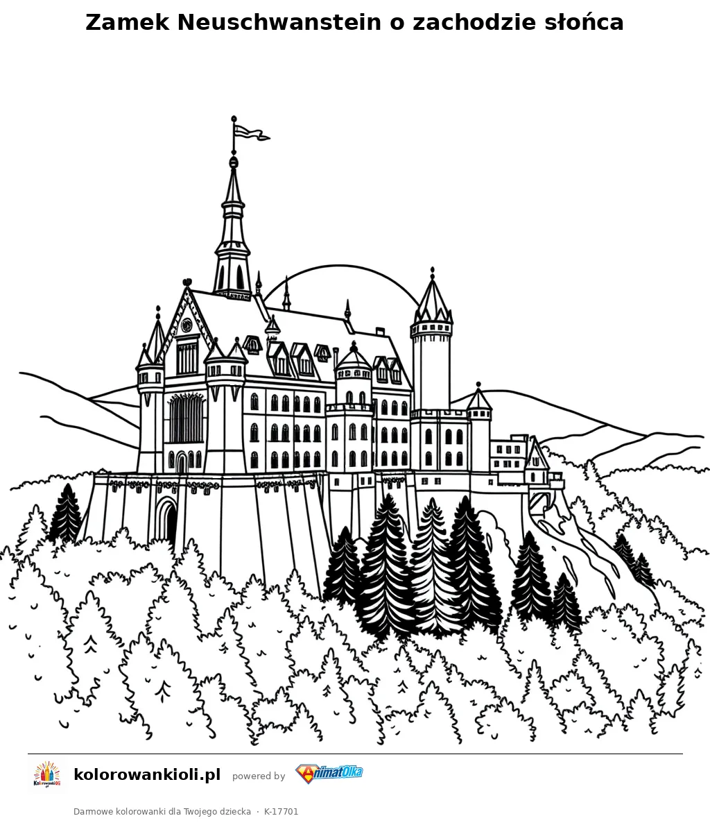 Zamek Neuschwanstein o zachodzie słońca — kolorowanka do wydruku dla dzieci