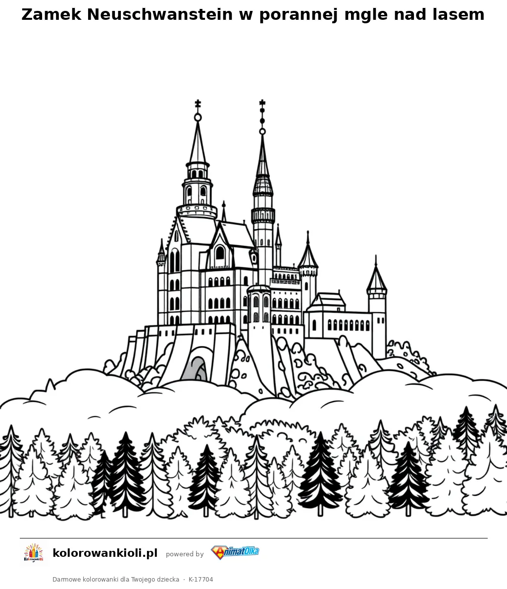 Zamek Neuschwanstein w porannej mgle nad lasem — kolorowanka do wydruku dla dzieci