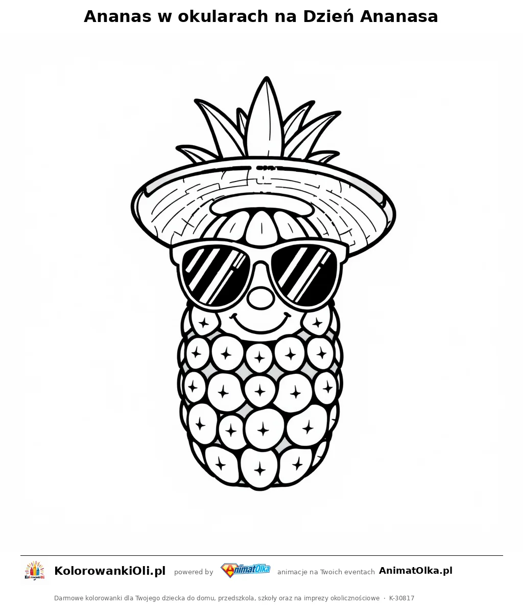 Ananas w okularach na Dzień Ananasa — kolorowanka na Dzień Ananasa do wydruku