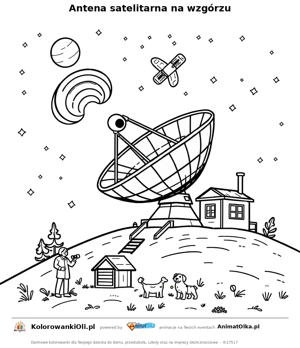Antena satelitarna na wzgórzu — kolorowanka na Dzień Internetu do wydruku