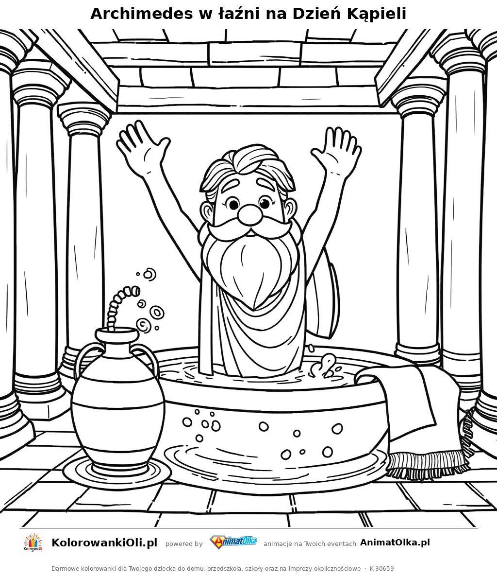 Archimedes w łaźni na Dzień Kąpieli — kolorowanka na Dzień Kąpieli do wydruku