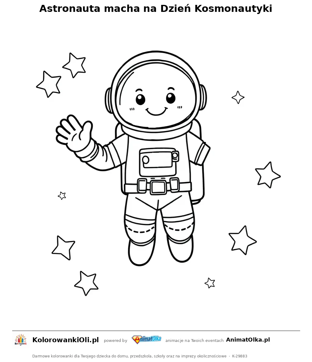 Astronauta macha na Dzień Kosmonautyki — kolorowanka na Dzień Kosmonautyki do wydruku