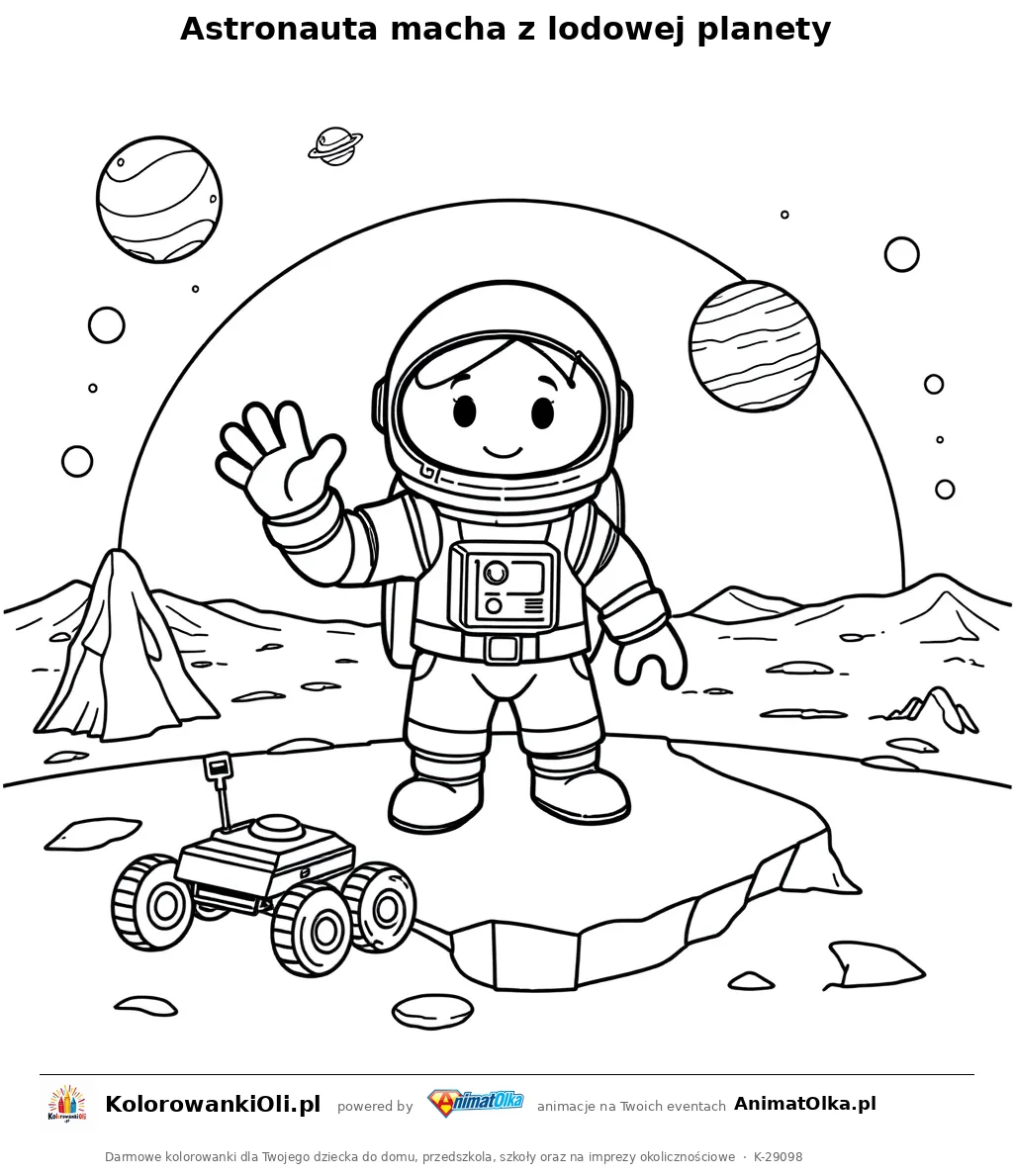 Astronauta macha z lodowej planety — kolorowanka na Dzień Plutona do wydruku