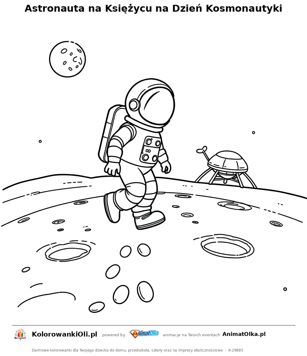 Astronauta na Księżycu na Dzień Kosmonautyki — kolorowanka na Dzień Kosmonautyki do wydruku