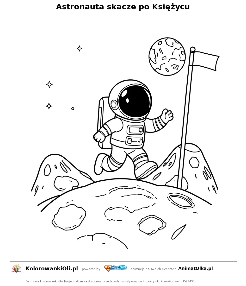 Astronauta skacze po Księżycu — kolorowanka na Dzień Fantastyki Naukowej do wydruku