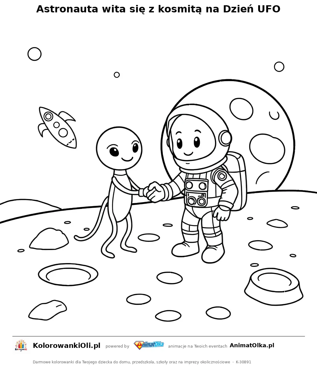 Astronauta wita się z kosmitą na Dzień UFO — kolorowanka na Dzień UFO do wydruku