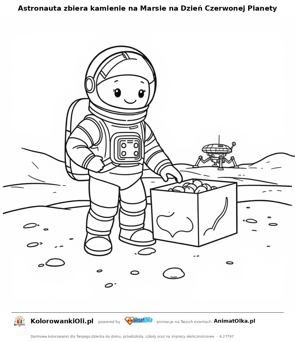 Astronauta zbiera kamienie na Marsie na Dzień Czerwonej Planety — kolorowanka na Dzień Czerwonej Planety do wydruku
