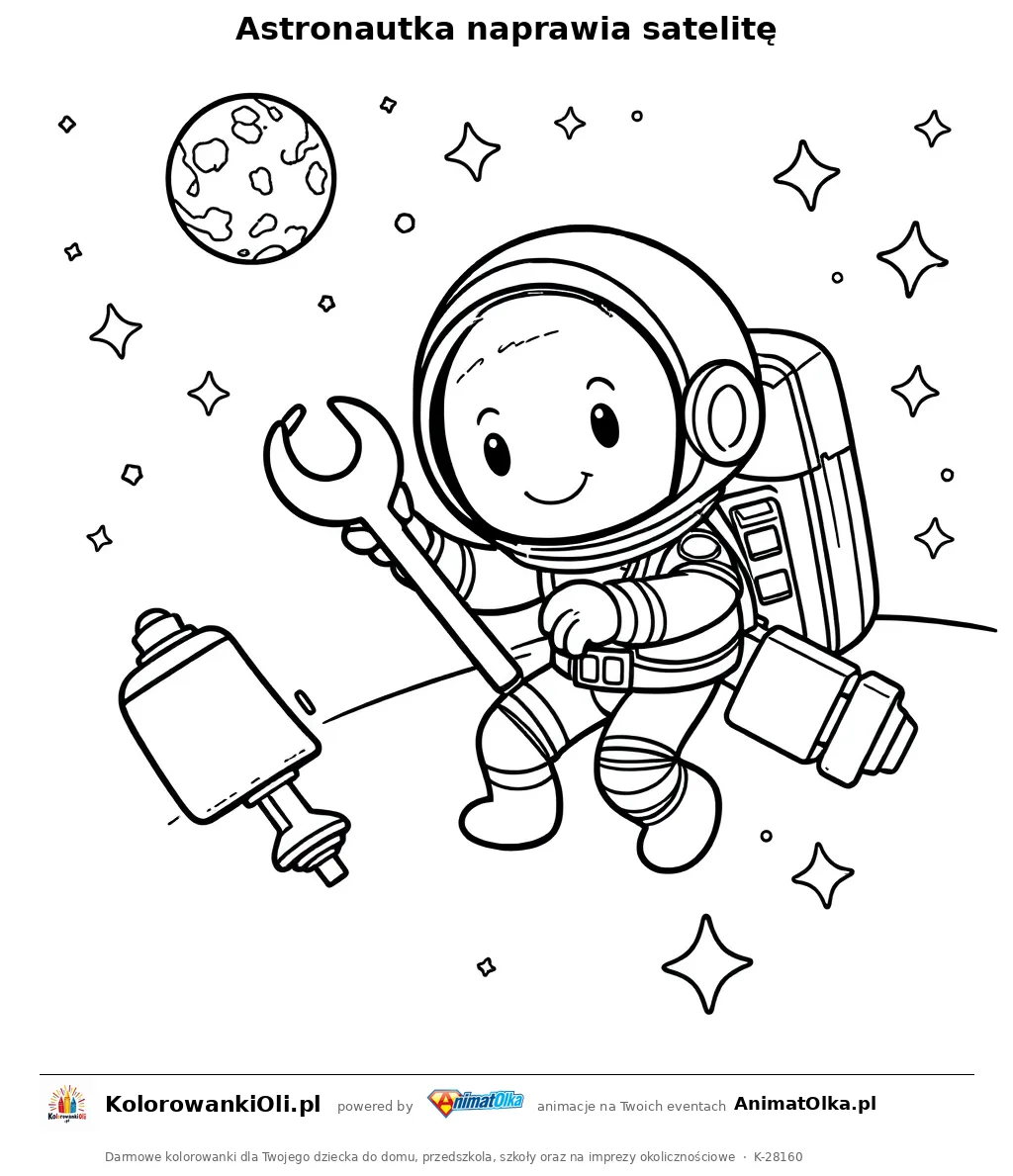 Astronautka naprawia satelitę — kolorowanka na Dzień Telekomunikacji do wydruku