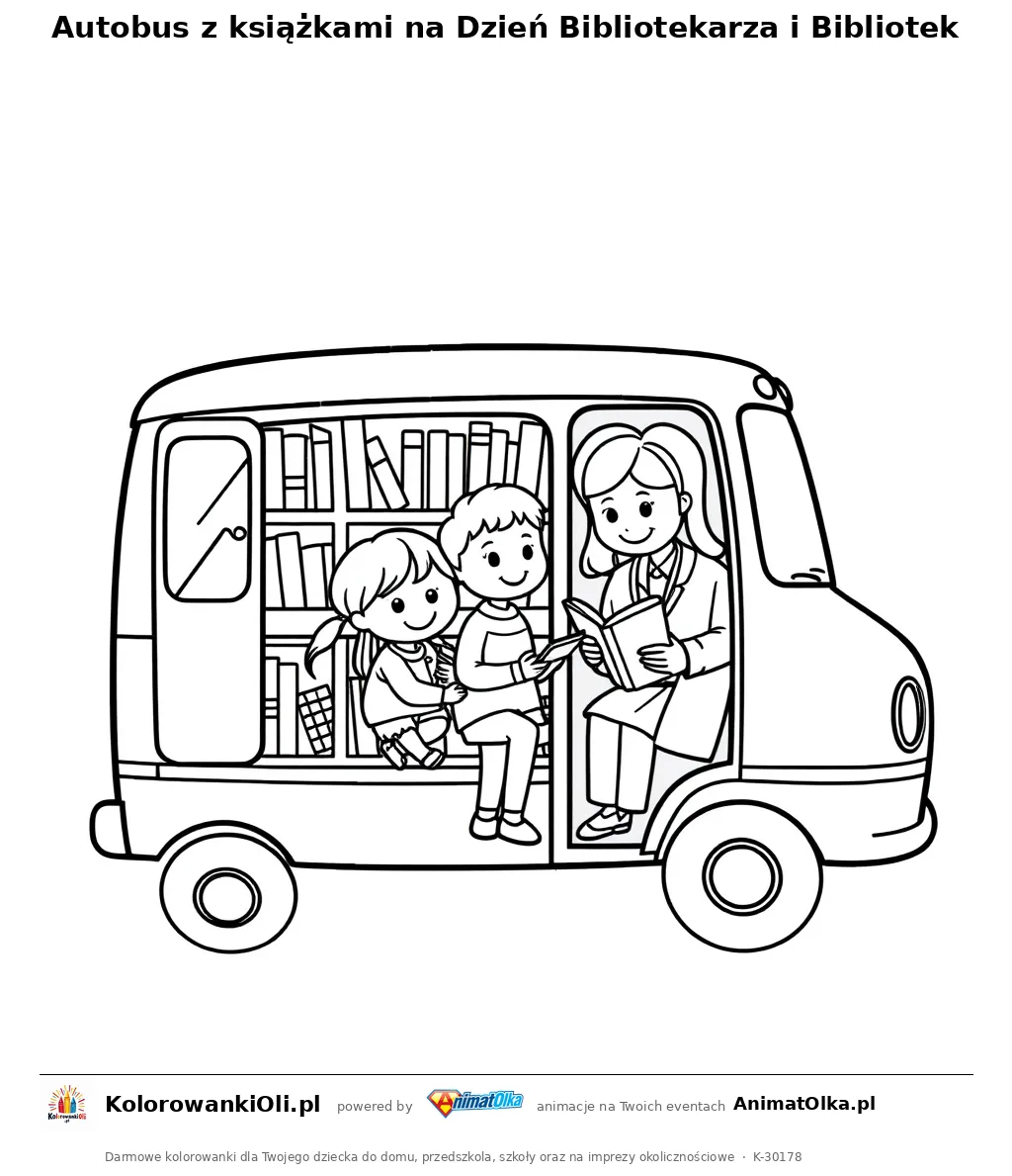 Autobus z książkami na Dzień Bibliotekarza i Bibliotek — kolorowanka na Dzień Bibliotekarza i Bibliotek do wydruku