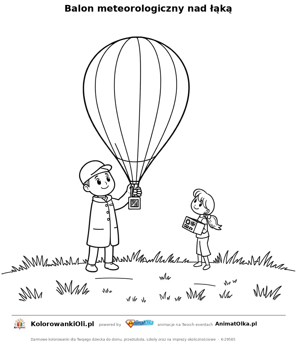 Balon meteorologiczny nad łąką — kolorowanka na Dzień Meteorologii do wydruku