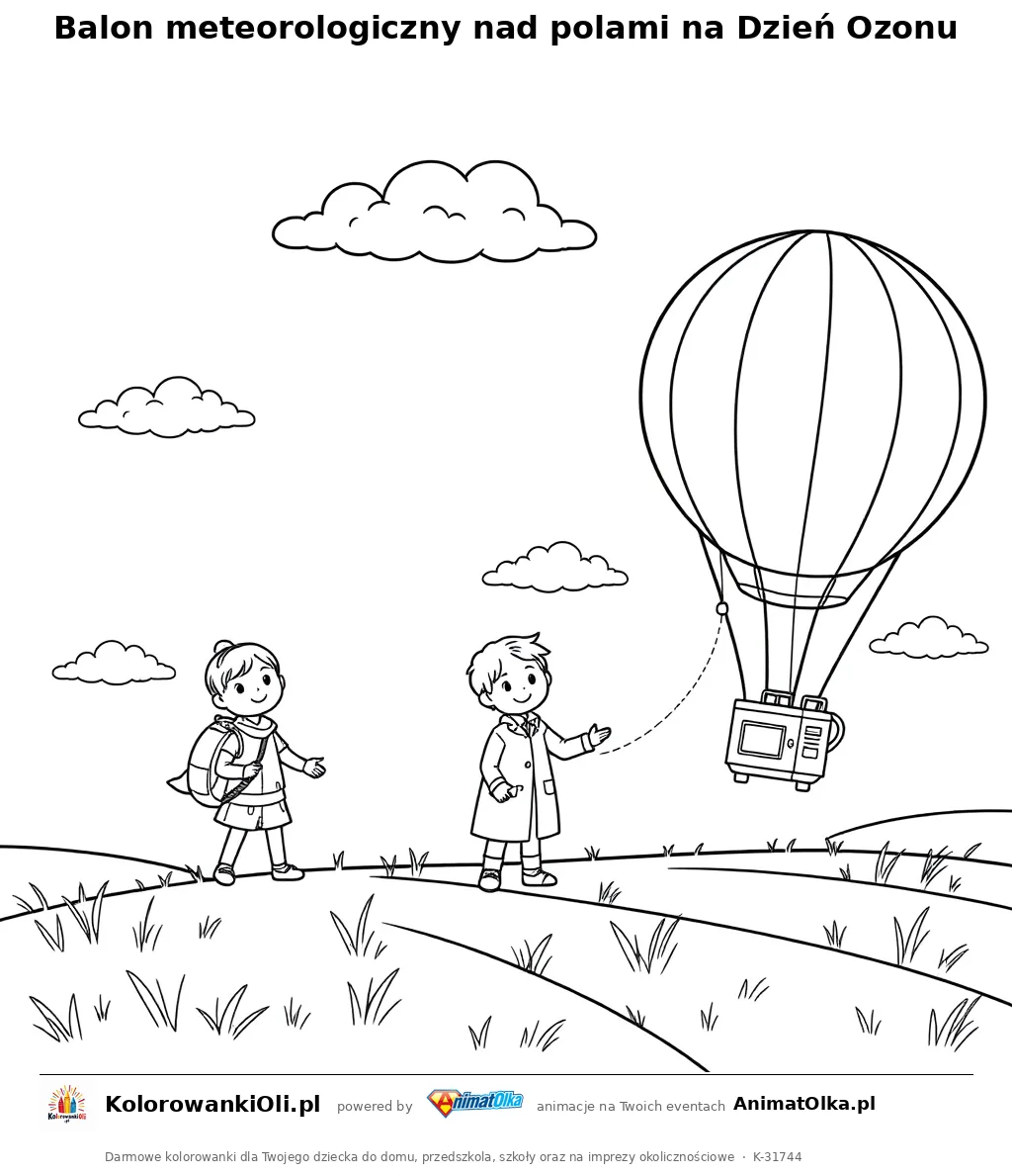 Balon meteorologiczny nad polami na Dzień Ozonu — kolorowanka na Dzień Ozonu do wydruku