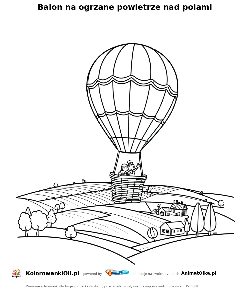 Balon na ogrzane powietrze nad polami — kolorowanka na Dzień Wiatru do wydruku